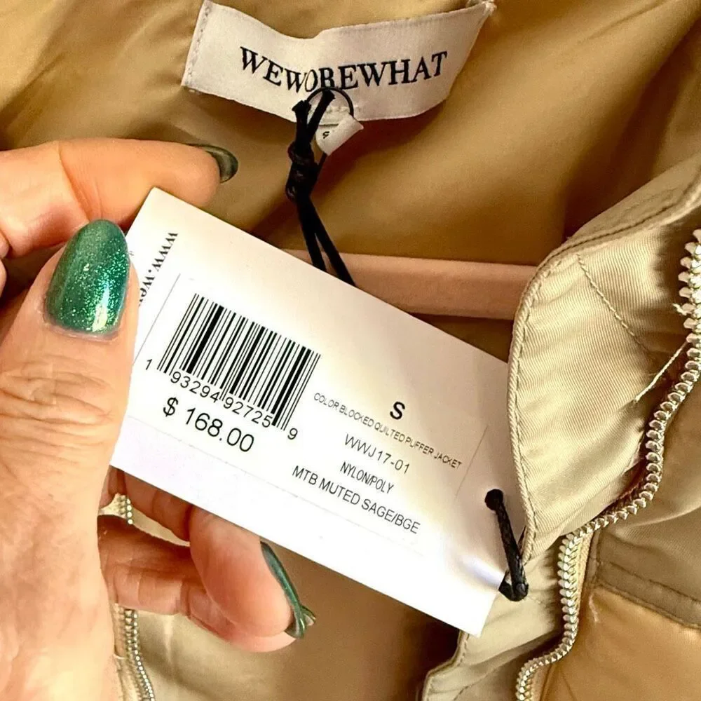 NWT WeWoreWhat Color Blocked Quilted Puffer Jacket in a muted sage/beige colorwa